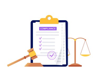 Compliance document concept. Information required to verify the implementation. Specific list of rules. Sheet of paper with checklist, justice scale and gavel. Corporate policy vector illustration. clipart