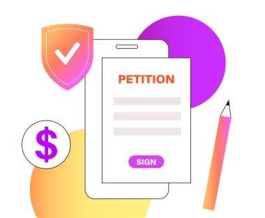 Akıllı telefondan dijital imza kampanyası. Çevrimiçi imza sayımı kavramı. Birçok kişi tarafından imzalanmış yazılı belge. Hükümet resmi veya kamu kuruluşu vektör illüstrasyonuna başvuru