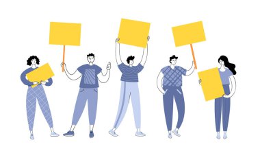 Social protest or meeting. Crowd with posters. Hands with empty banner. People participate in picket. Public strike with blank paper. Activism or revolution concept flat vector illustration.
