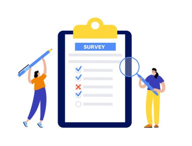 Araştırma belgesi. Geri bildirim ya da anket havuzu için kontrol listesi formu. Müşteri memnuniyet raporu. Eğitim testi, sınav ya da röportaj, insan araştırma değerlendirmesi düz vektör illüstrasyonu.