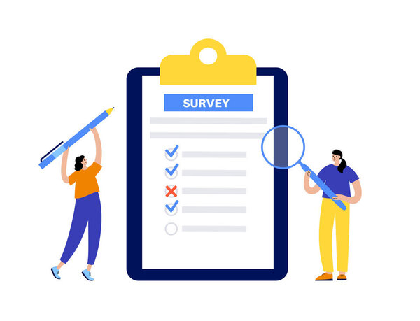 Survey document. Checklist form for feedback or questionnaire pool. Customer service, client satisfaction report. Education test, quiz or interview, human research assessment flat vector illustration.