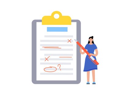 Grammar editing. Document with errors and corrections. Cartoon characters make proofreading and spell check with red pencil. Page with mistakes in text flat vector illustration for school education.