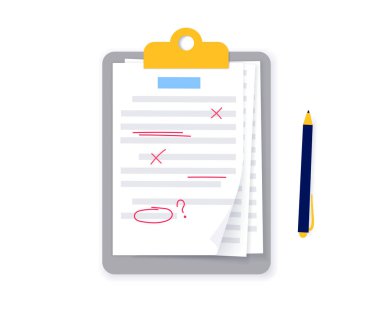 Grammar editing concept. Document with errors and corrections. Page with mistake in text, proofread and spell check. Incorrect writing. Red line marks flat vector illustration for school education.
