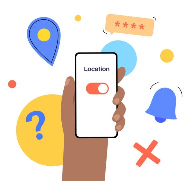 Location settings. GPS activation button, on and off toggle. Geolocation mode switch in smartphone. Find position on map. Permission for navigator in electronic devices. Access for geoposition vector