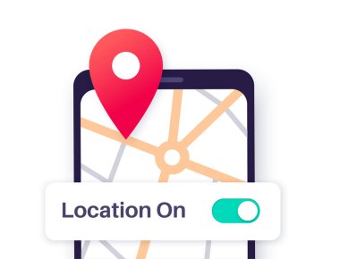 Location settings. GPS activation button, on and off toggle. Geolocation mode switch in smartphone. Find position on map. Permission for navigator in electronic devices. Access for geoposition vector