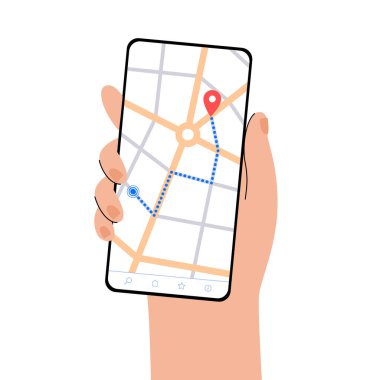 Akıllı telefon için GPS haritası uygulaması. Şehir caddesinde seyrüsefer. Rota ve varış yeri telefon ekranında. Yürüyerek ya da arabayla. Coğrafi konum kırmızı nokta, navigatör ui element düz vektör çizimi.
