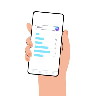 Web sitesinde ya da uygulamada arama çubuğu. İlgili sonuçlar, öneriler ya da popüler sorular içeren bir düşüş. Kullanıcı bilgi bulmak için anahtar sözcükleri girebilir. Geliştiriciler için grafiksel elementler düz vektör illüstrasyonu