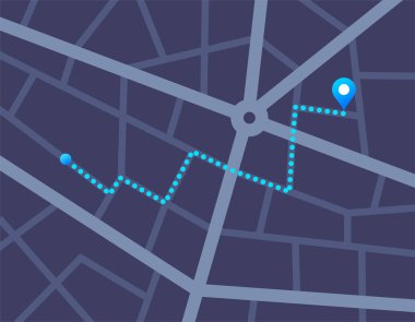 Elektronik aygıt için GPS haritası izleme uygulaması. Şehir caddesinde seyrüsefer. Telefon ekranında, arabayla ve varış noktasıyla. Koyu mod düz vektör için coğrafi pin, navigatör ui ögesi