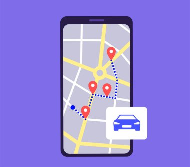 Akıllı telefon için GPS haritası takip uygulaması. Şehir caddesinde seyrüsefer. Telefon ekranında, arabayla ve varış noktasıyla. Coğrafi konum kırmızı iğnesi, navigatör ui element düz vektör çizimi.