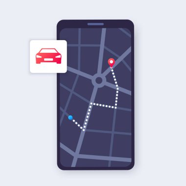 Akıllı telefon için GPS haritası uygulaması. Şehir caddesinde seyrüsefer. Rota ve varış yeri telefon ekranında. Konum iznini bul. Coğrafi konum kırmızı nokta, navigatör ui element, karanlık gece modu