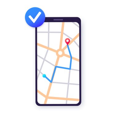 Akıllı telefon için GPS haritası uygulaması. Şehir caddesinde seyrüsefer. Rota ve varış yeri telefon ekranında. Yürüyerek ya da arabayla. Coğrafi konum kırmızı nokta, navigatör ui element düz vektör çizimi.