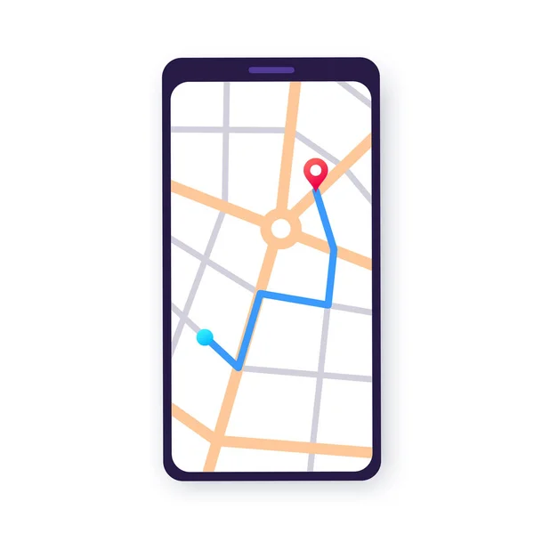 Gps在智能手机上的应用 城市街道上的导航 电话显示的路线和目的地 步行或开车 地理位置红点 导航器Ui元素平面矢量图解 — 图库矢量图片