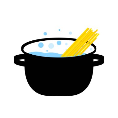 Tencerede spagetti pişiriyorum. Su ve makarna tencerede. Kafeteryada makarna tarifi. Al dente makarna konsepti. Mutfak veya restoran düz vektör illüstrasyonunda İtalyan yemeği hazırlama.