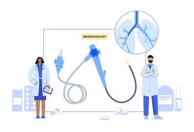 Bronkoskopi prosedürü. Pulmonolog nefes borusundan akciğere bronkoskop kullanıyor. Solunum sistemi hastalıkları ve tedavisi. Endobronşiyal ultrason bronkoskopi tanısal vektör çizimi