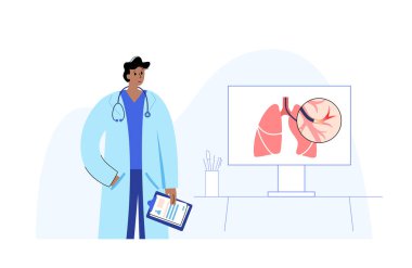 Bronkoskopi prosedürü. Pulmonolog nefes borusundan akciğere bronkoskop kullanıyor. Solunum sistemi hastalıkları ve tedavisi. Endobronşiyal ultrason bronkoskopi tanısal vektör çizimi