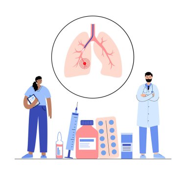 Bronkoskopi prosedürü. Pulmonolog nefes borusundan akciğere bronkoskop kullanıyor. Solunum sistemi hastalıkları ve tedavisi. Endobronşiyal ultrason bronkoskopi tanısal vektör çizimi