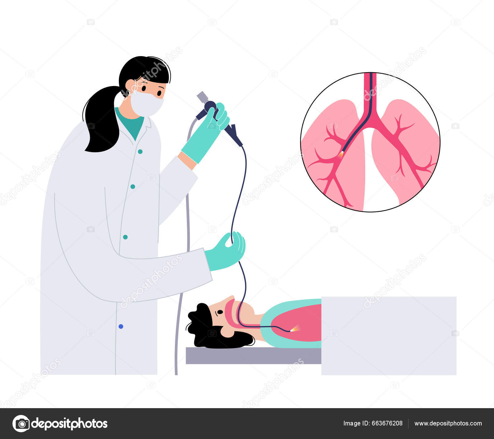 Prosedur Bronchoscopy Pulmonologis Menggunakan Bronkoskop Melalui Mulut Dalam Paru Paru Vektor
