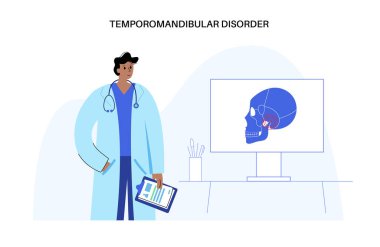 Temporomandibular eklem bozukluğu. TMD ya da TMJ bozukluğu. Doktorla konsültasyon. Çene eklemi ağrısı, şakak kemiği kilitlenmesi. Transkütan elektriksel sinir uyarılması. İnsan kafatası düz vektörü