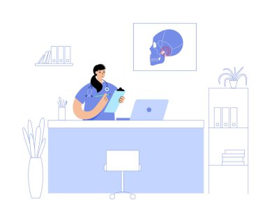 Temporomandibular joint disorder. TMD or TMJ dysfunction.Consultation with doctor. Pain in the jaw joint, temporal bone locking. Transcutaneous electrical nerve stimulation. Human skull flat vector clipart