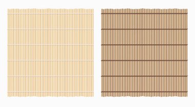 Makisu bambu suşi paspası, yemek hazırlama aracı. Geleneksel Japon, Çin ve Asya yemekleri. Maki yapmak için esnek bir silindir. Kahverengi bambu şeritleri deseni, ahşap doku vektör çizimi