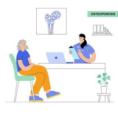 Osteoporosis disease concept. Systemic skeletal disorder, loss of bone mineral density. Increased risk of hip fracture in older women. Morbidity and mortality in the elderly, flat vector illustration clipart