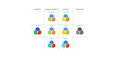 Renk körlüğü bilgisi. Görüş eksikliği konsepti. Renkler arasındaki fark. Deuteranomali Deuteranopia ve protanomali. Protanopia, tritanopia ve tritanomaly. Akromatopsi vektör illüstrasyonu