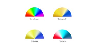 Renk körlüğü bilgisi. Görüş eksikliği konsepti. Renkler arasındaki fark. Deuteranomali Deuteranopia ve protanomali. Protanopia, tritanopia ve tritanomaly. Akromatopsi vektör illüstrasyonu