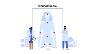Kadın vücudunda fibromiyalji. Eklem kaslarında, yorgunlukta ve bilişsel semptomlarda kronik yaygın ağrı. Kas iskeleti hastalığı. Kadın siluetinde kırmızı noktalar tıbbi düz vektör çizimi.