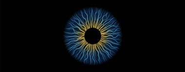 Iris yaratıcı poster. Siyah arka planda insan gözü. Işınlanma ya da sihirli geçit. Gözbebeğinin çapını ve boyutunu kontrol ediyor. Renkli mercek, görüş konsepti, fütürist çizgiler vektör çizimi