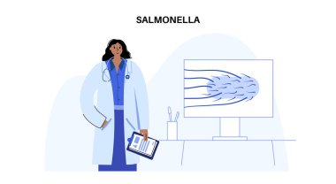 Salmonella bacteria disease, appointment with doctor in clinic. Infection in the human body. Infected cells in guts under a microscope. Pain in stomach and intestine. Gastrointestinal tract vector clipart