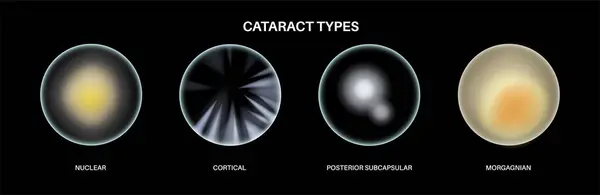 Stock vector Cataract types poster, eye diseases concept. Lens clouding, vision impairment, and potential blindness. Vision problems during aging. Human vision loss concept. Blindness vector medical illustration