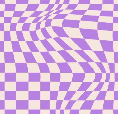 Psikedelik dama tahtası deseni. Pastel renkler ve tuhaf geometrik şekiller içeren göz alıcı bir tasarım. Optik illüzyonlar retro sanat, grafik büyüleyici görsel vektör illüstrasyonu