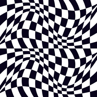 Psikedelik dama tahtası ya da yarış bayrağı. Siyah beyaz renkler içeren çarpıcı bir tasarım. Geometrik şekiller. Optik illüzyonlar, retro sanat, büyüleyici görsel vintage illüstrasyon