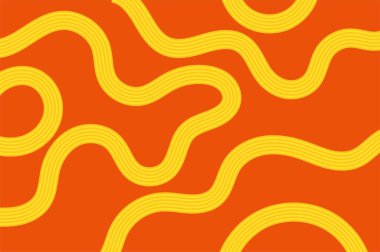 Erişte desenli arka plan. Pomodoro soslu spagetti ya da salsa soslu. Domatesli, domatesli, domatesli veya ambalajlı karışık tagliatelle kıvrımları. Mutfak yaratıcılığı, gıda sanatı, mutfak dekorasyonu vektörü