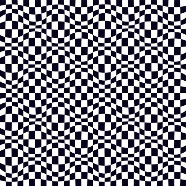 Psikedelik dama tahtası deseni. Kontrastlı siyah beyaz renkler ve tuhaf geometrik şekiller içeren çarpıcı bir tasarım. Optik illüzyonlar ve retro sanat, büyüleyici görsel vektör illüstrasyonu