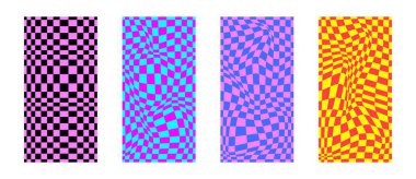 Psikedelik dama tahtaları koleksiyonu. Y2k renklerinde ve garip geometrik şekillerde görsel olarak çarpıcı bir tasarım. Optik illüzyonlar, acayip stil büyüleyici görsel vektör illüstrasyonu