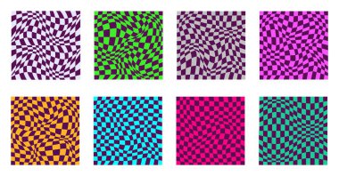 Psikedelik dama tahtaları koleksiyonu. Y2k renklerinde ve garip geometrik şekillerde görsel olarak çarpıcı bir tasarım. Optik illüzyonlar, acayip stil büyüleyici görsel vektör illüstrasyonu