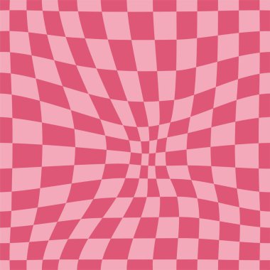 Pembe saykodelik dama tahtası deseni. Pastel gül renginde göz alıcı tasarım, garip geometrik şekiller. Optik illüzyonlar, kız tarzı, aşk kartı için sevgililer günü arka plan vektörü
