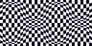 Psychedelic checkerboard, mosaic ornament. Visually striking design featuring black white colors. Trippy geometric shapes. Optical illusions, retro art, mesmerizing visual vintage vector illustration clipart