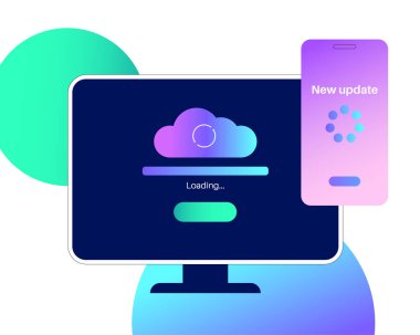Sistem güncellemesi performansı artırır. Hataları düzelterek ve akıllı telefon ve bilgisayar için yeni özellikler ekleyerek istikrar ve güvenlik. Uygulama güncellemeleri bulut, kolay kurulum vektör illüstrasyonundan indirilir