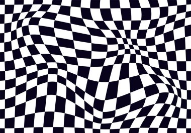 Psychedelic checkerboard pattern. Visually striking design featuring contrast black white colors and trippy geometric shapes. Optical illusions and retro art, mesmerizing visual vector illustration clipart