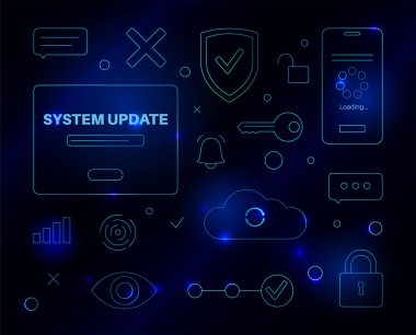 Sistem güncellemesi performansı artırır. Hataları düzelterek, işlevselliği optimize ederek, yeni özellikler ekleyerek istikrar ve güvenlik. Uygulama güncellemeleri bulut, kolay kurulum vektör illüstrasyonundan indirilir