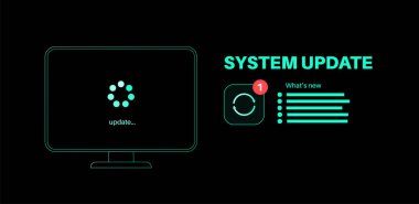 Sistem güncellemesi performansı artırır. Hataları düzelterek ve bilgisayarlar için yeni özellikler ekleyerek istikrar ve güvenlik. Uygulama güncellemeleri buluttan PC 'ye indiriliyor, kolay kurulum vektörü illüstrasyonu.