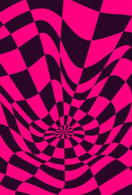 Psikedelik dama tahtası deseni. Kontrastlı siyah beyaz renkler ve tuhaf geometrik şekiller içeren çarpıcı bir tasarım. Optik illüzyonlar ve retro sanat, büyüleyici görsel vektör illüstrasyonu