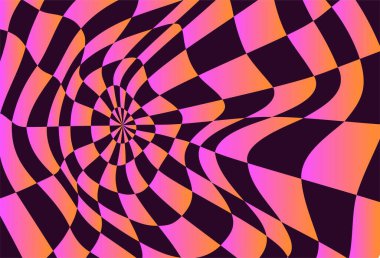 Psikedelik dama tahtası deseni. Kontrastlı renkler ve y2k tarzı geometrik şekiller içeren görsel olarak çarpıcı bir tasarım. Optik illüzyonlar retro sanat, grafik büyüleyici görsel vektör illüstrasyonu