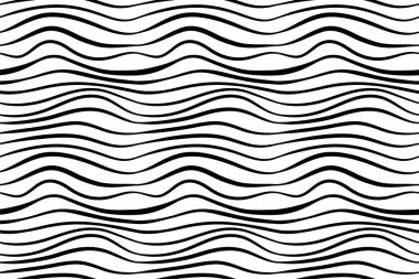 Dalgalı siyah beyaz çizgiler. Dalgalı poster. Şirin kıvrımlı şekiller, taklit resimler. Soyut düz geometrik doku kavramı. Optik illüzyon arka planı, estetik baskı vektörü illüstrasyonu