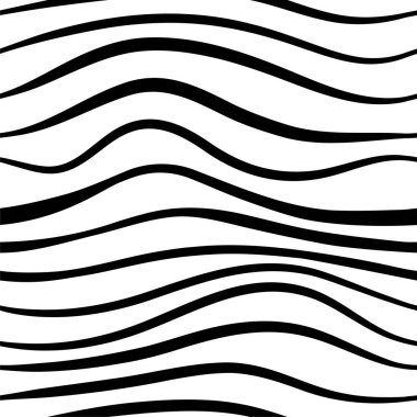 Dalgalı siyah beyaz çizgiler. Dalgalı poster. Şirin kıvrımlı şekiller, taklit resimler. Soyut düz geometrik doku kavramı. Optik illüzyon arka planı, estetik baskı vektörü illüstrasyonu