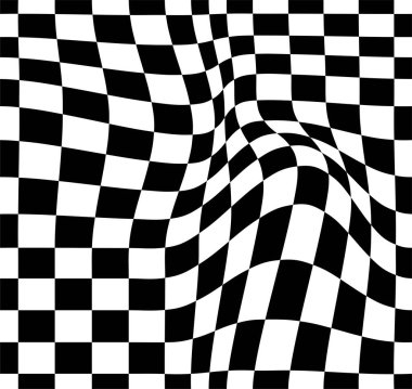 Psikedelik dama tahtası ya da yarış bayrağı. Siyah beyaz renkler içeren çarpıcı bir tasarım. Geometrik şekiller. Optik illüzyonlar, retro sanat, büyüleyici görsel vintage illüstrasyon