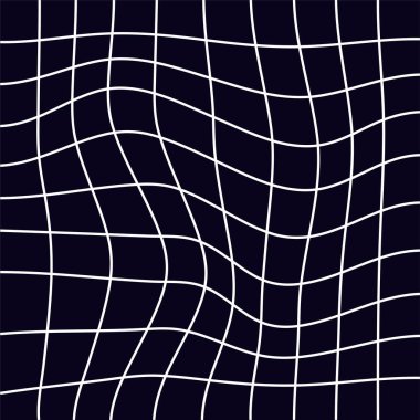 Psikedelik dama tahtası ızgarası. Kontrastlı siyah beyaz renkler içeren çarpıcı bir tasarım. Geometrik şekiller. Optik illüzyonlar ve retro sanat, büyüleyici görsel vintage vektör çizimi