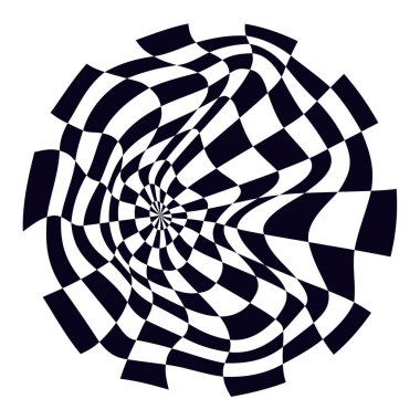 Psikedelik dama tahtası küresi. Kontrastlı siyah beyaz renkler içeren çarpıcı bir tasarım. Garip spiral şekiller. Optik illüzyon deseni, retro sanat, büyüleyici görsel vektör çizimi